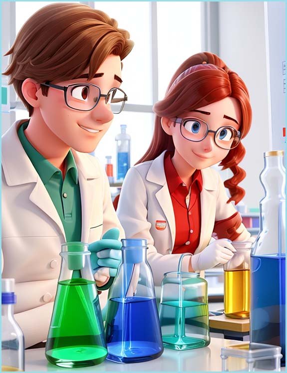 Cartoon image of students working in a chemistry lab